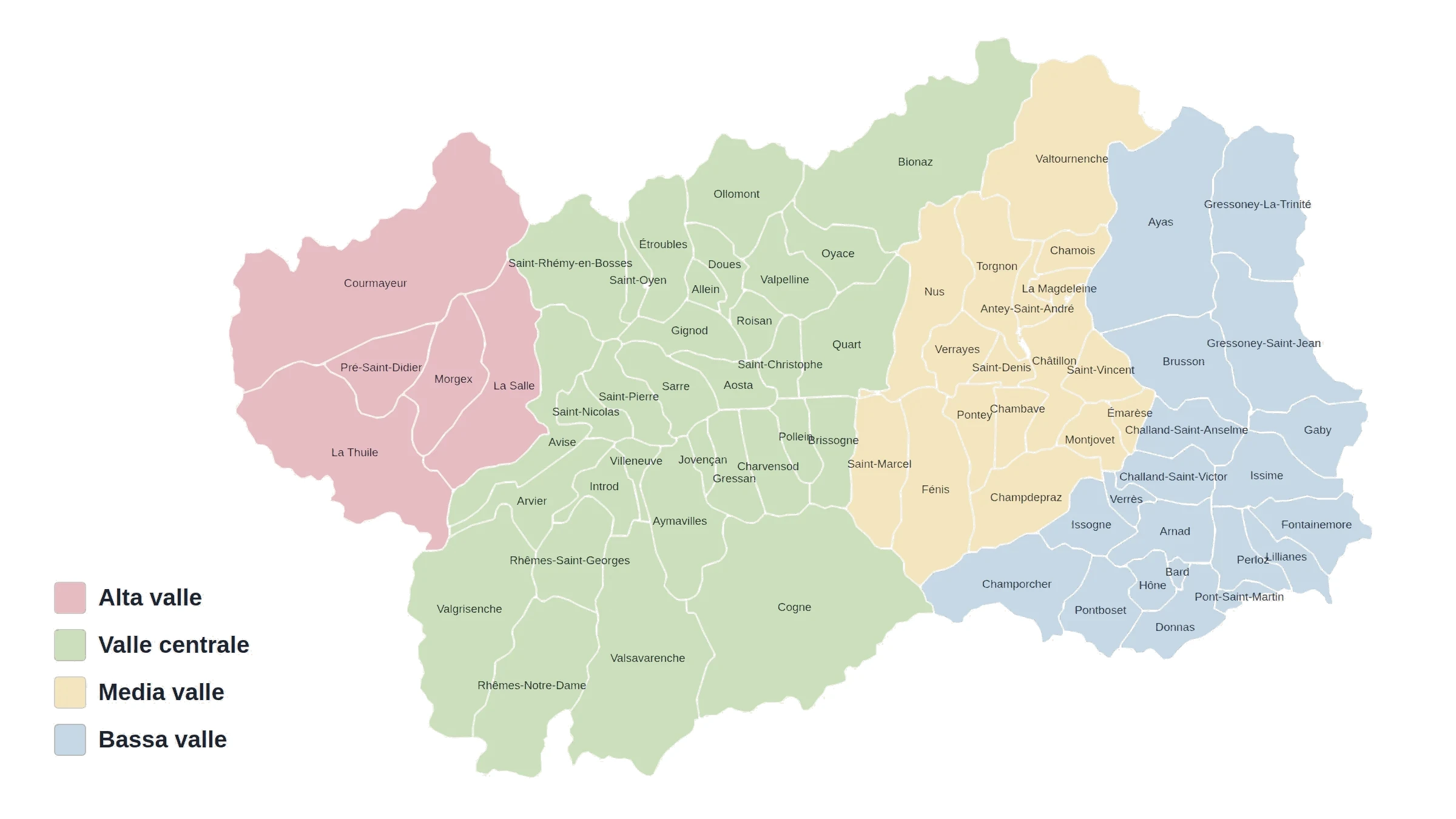 Carta delle zone della valle – Alta, centrale, media e bassa valle: la Valle d’Aosta in quattro zone