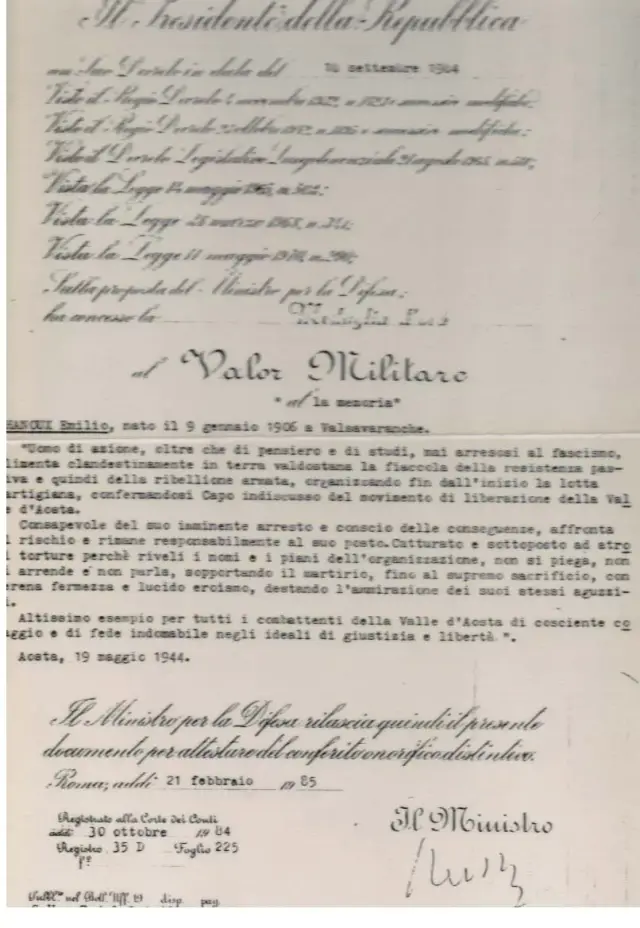 Diplôme de la Médaille d’or de la valeur militaire d’Émile Chanoux.
