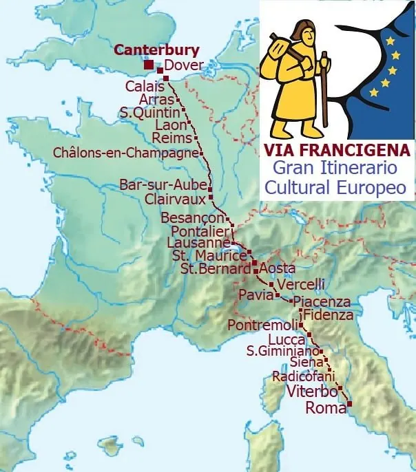 Carta del tracciato della Via Francigena in Italia